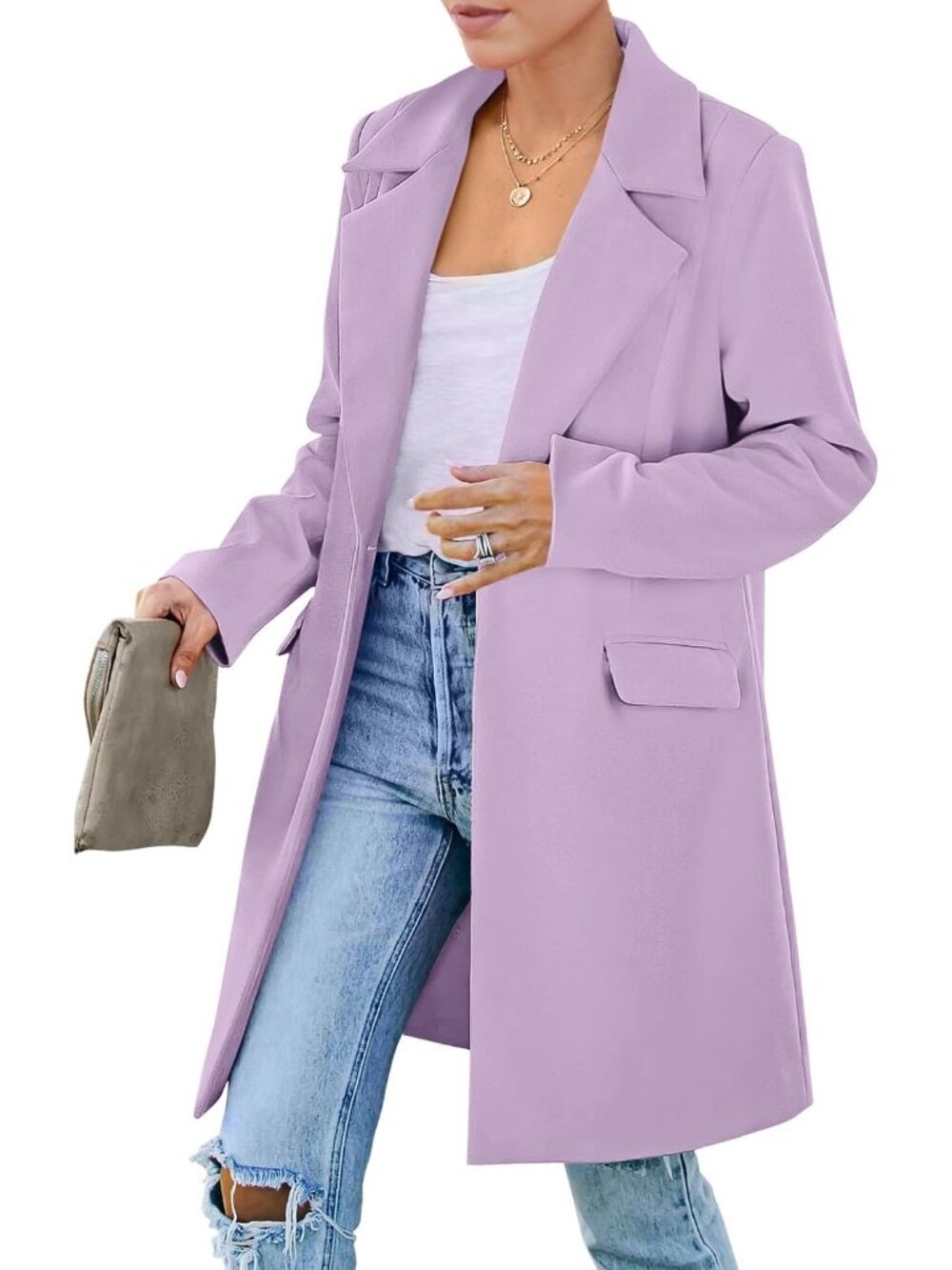 Womens Light Purple Mid-Length Padded Shoulder Loose Fit Fall Blazer Trench Coat